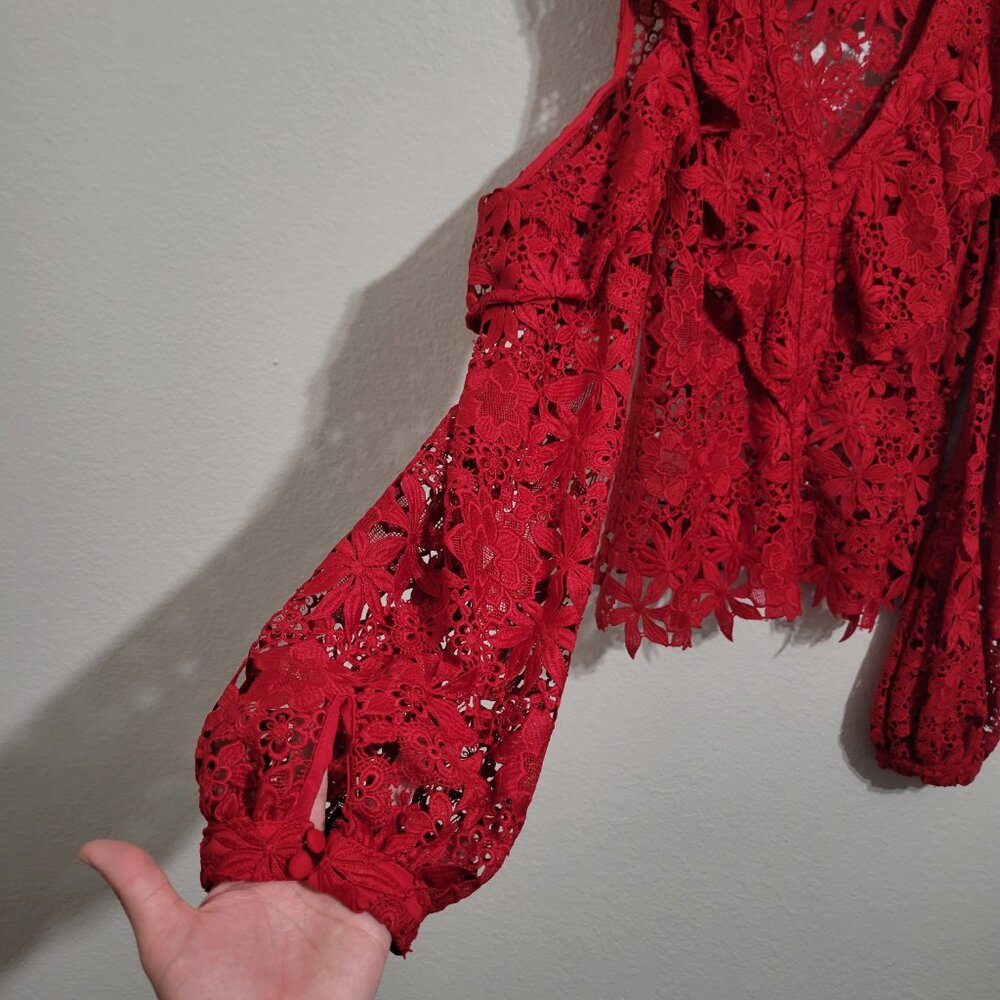 Bardot Red Lace Cold-Shoulder Ruffled Blouse - Picture 7 of 13